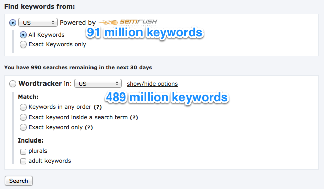 Wordtracker offers multiple data sources for keyword research