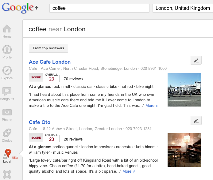 Google+ local search result