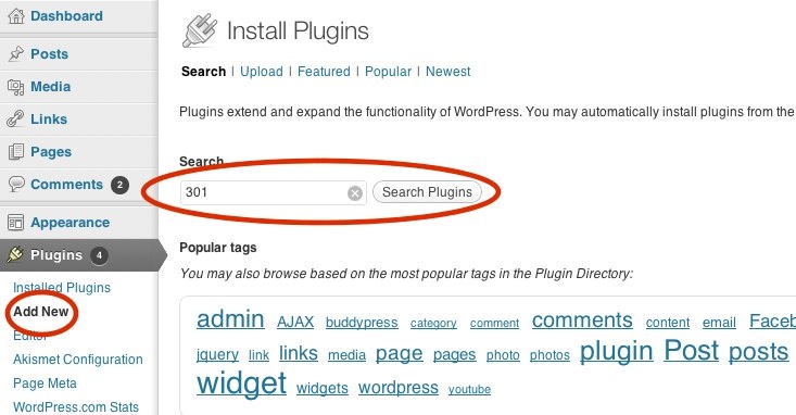 Screenshot of WordPress - how to find a plugin