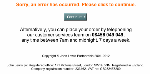 John Lewis error message